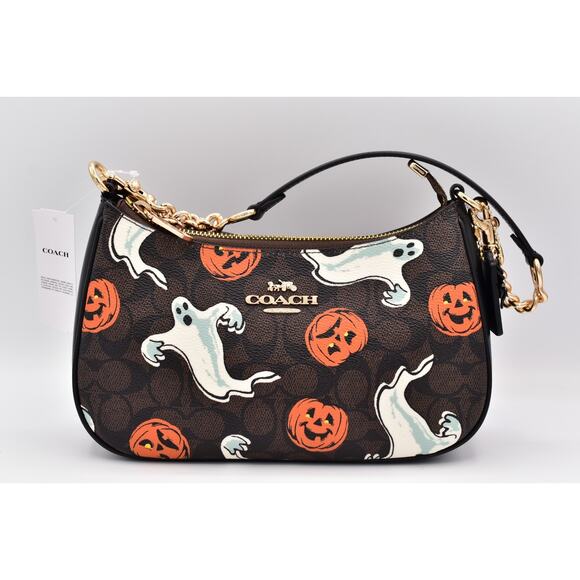 Coach Teri Shoulder Bag In Signature Canvas Pumpkin Halloween Print CCE71 NWT - Picture 2 of 16